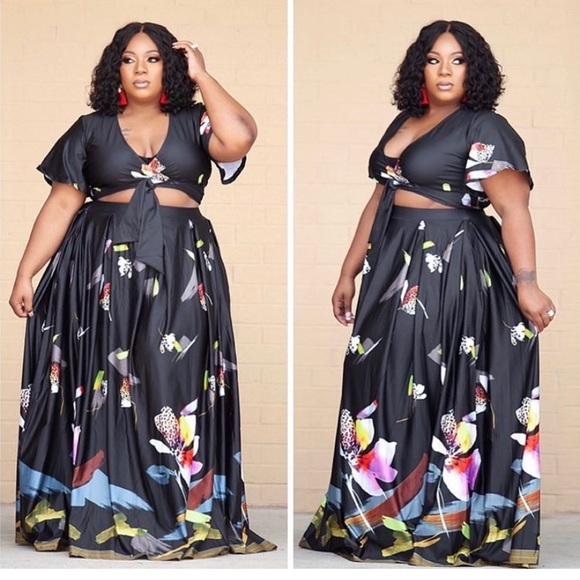 Dresses & Skirts - Plus Size Floral Skirt Crop Top 2 Piece Set Sz16